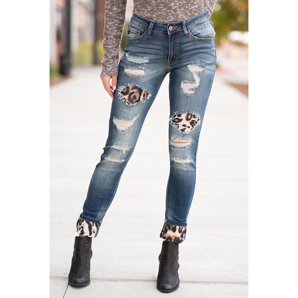11/29 KanCan Mid-rise Leopard Patch Skinny Ripped Distressed Cropped Jeans - Picture 1 of 8